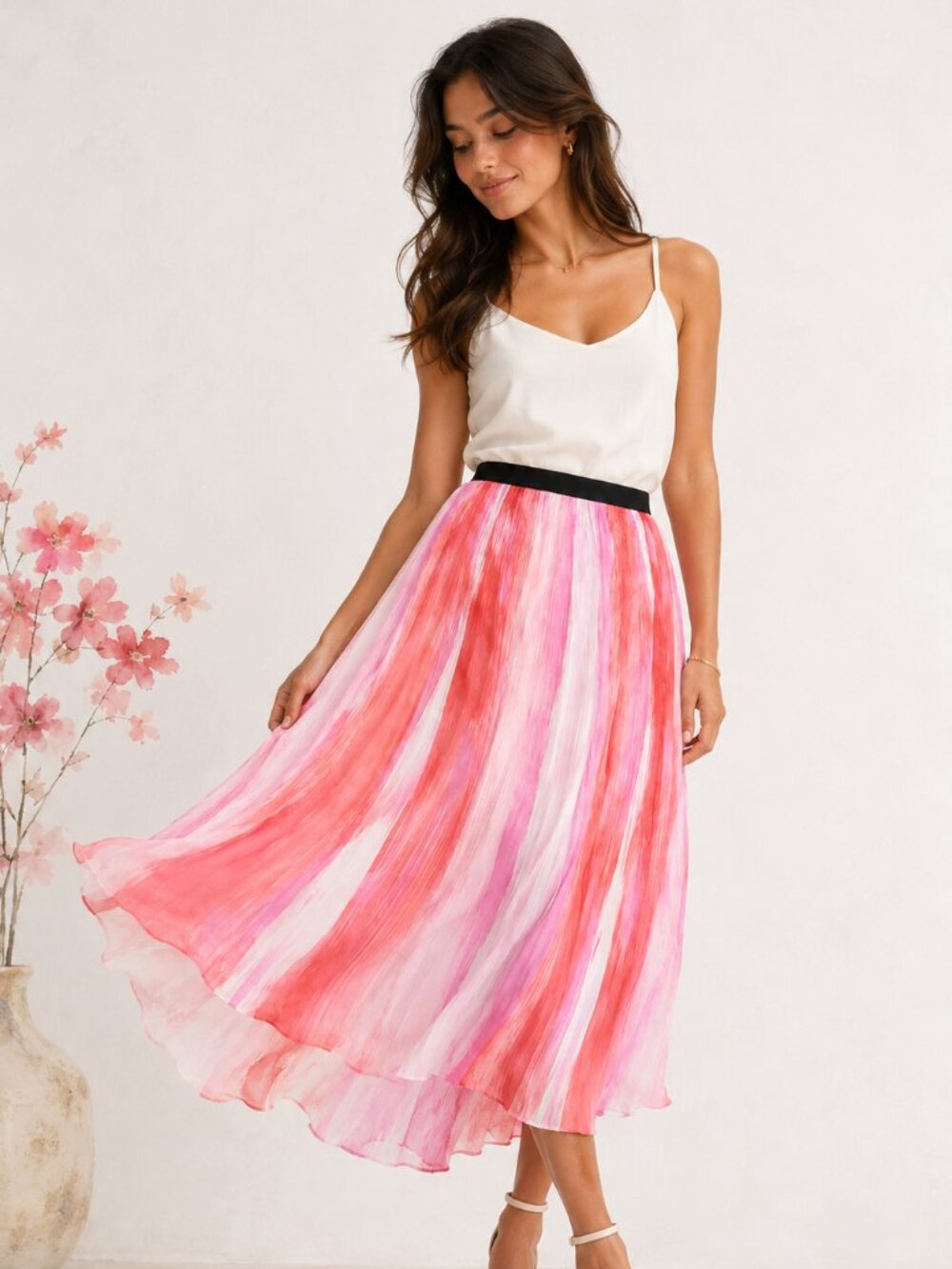 Watercolor Pink Pleated Midi Skirt XL | Artistic Chic Flowy A-Line Skirt